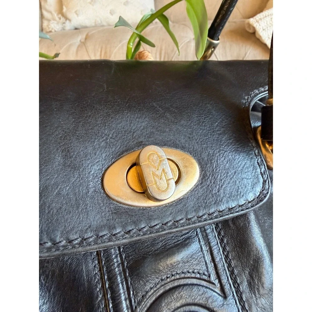 MARINO ORLANDI Satchel Black Leather Embossed Logo Gold Hardware Purse Bag Large